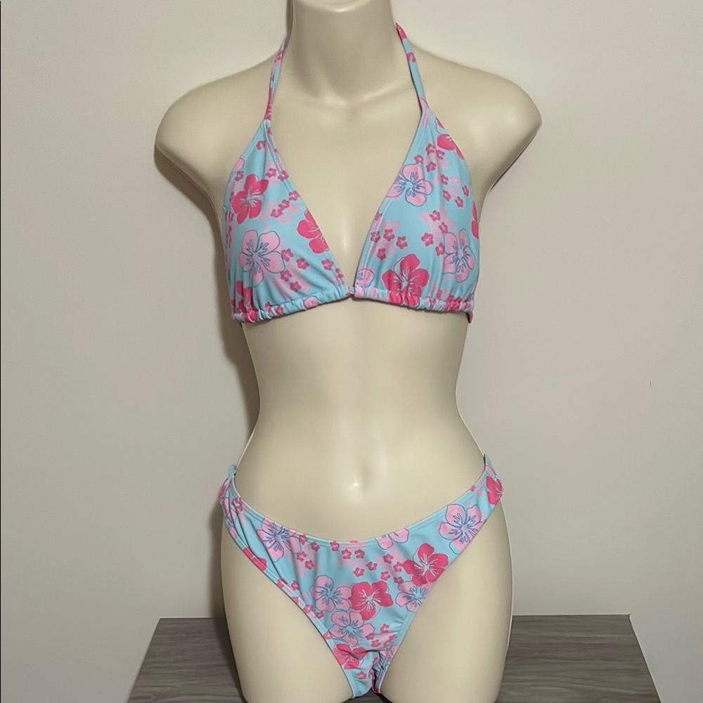 Floral Halter Bikini Set - Pink and Blue